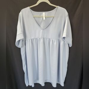 Zenana Blouse | Blue Gray V Neck Flowy Babydoll Top | Womens XL